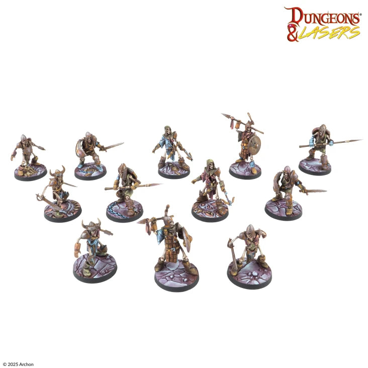 Dungeons & Lasers: Skeleton Crew (Unpainted) (PREORDER) - Twelve unpainted detailed skeleton warrior miniatures made of gray resin, each in unique battle poses with weapons and armor