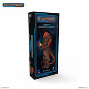 Starfinder: Ikeshti Brood-Minders - Starfinder Ikeshti Brood-Minders miniature box featuring a red, reptilian humanoid figure holding a glowing orb, dressed in.