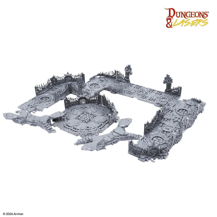 Dungeons & Lasers: Combat Arena (Unpainted) (PREORDER) - Unpainted gray plastic modular dungeon terrain pieces with textured stone floors and walls for tabletop gaming.