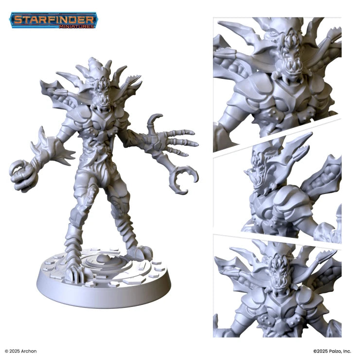 Starfinder: Swarm Corrovox - Gray plastic miniature of an alien insectoid creature with multiple clawed limbs and a spiked carapace on a round base.