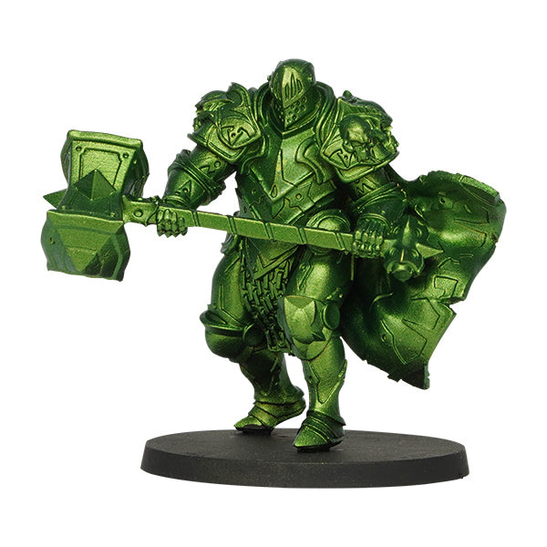 Vallejo True Metallic Metal Airbrush: Amber Green (18ml) - Metallic green armored knight miniature holding a large hammer on a round black base.