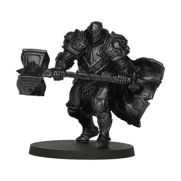 Vallejo True Metallic Metal Shade: Obsidian Black (18ml) - Black metallic miniature figure of armored warrior wielding a large hammer and shield on round base.