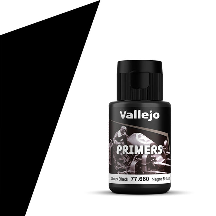 Vallejo Gloss Black Primer (32ml) - Small black plastic bottle of Vallejo Gloss Black Primer paint with a flip-top cap and labeled with white and black text.