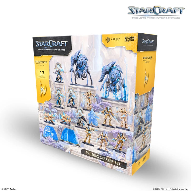 StarCraft TMG: Protoss Starter Set (PREORDER) - StarCraft Protoss Starter Set box featuring detailed blue and white miniature figures of Protoss warriors and vehicles, with