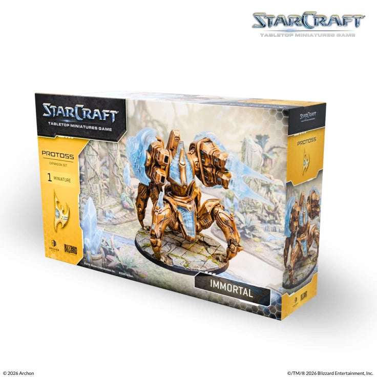 StarCraft TMG: Protoss - Immortal (PREORDER) - Boxed StarCraft TMG Protoss Immortal miniature game set with gold and white sci-fi robotic warrior artwork.