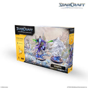 StarCraft TMG: Protoss - Zeratul (PREORDER) - StarCraft TMG Protoss Zeratul miniature with translucent purple cape and energy blades on intricate base in collector’s box.