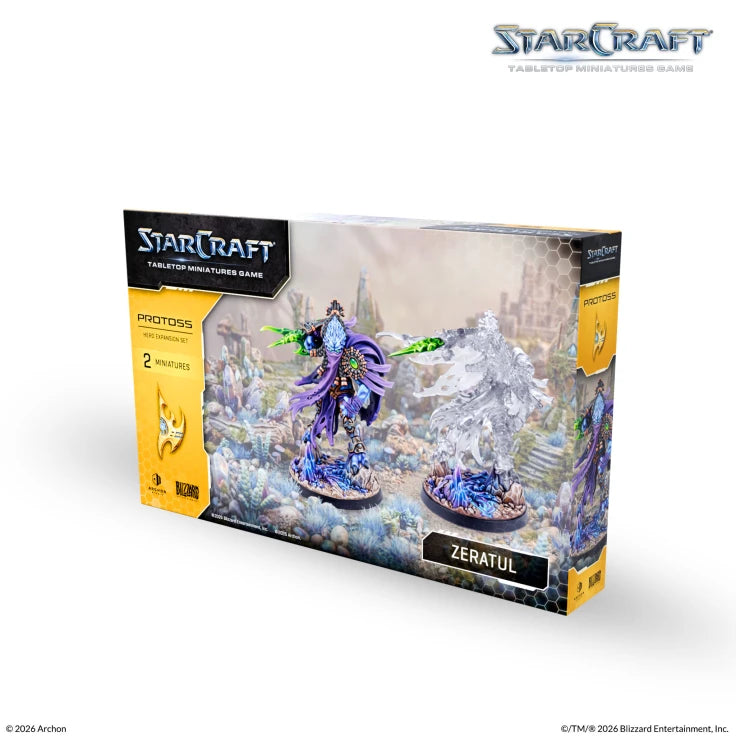 StarCraft TMG: Protoss - Zeratul (PREORDER) - StarCraft TMG Protoss Zeratul miniature with translucent purple cape and energy blades on intricate base in collector’s box.