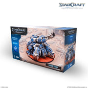 StarCraft TMG: Terran - Siege Tank (PREORDER) - StarCraft Terran Siege Tank model kit box featuring blue and gray armored tank with large cannon on desert battlefield.