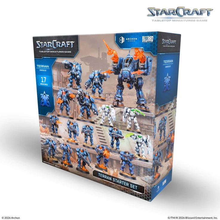 StarCraft TMG: Terran Starter Set (PREORDER) - StarCraft Terran Starter Set with blue and orange mech action figures displayed in a window box packaging.