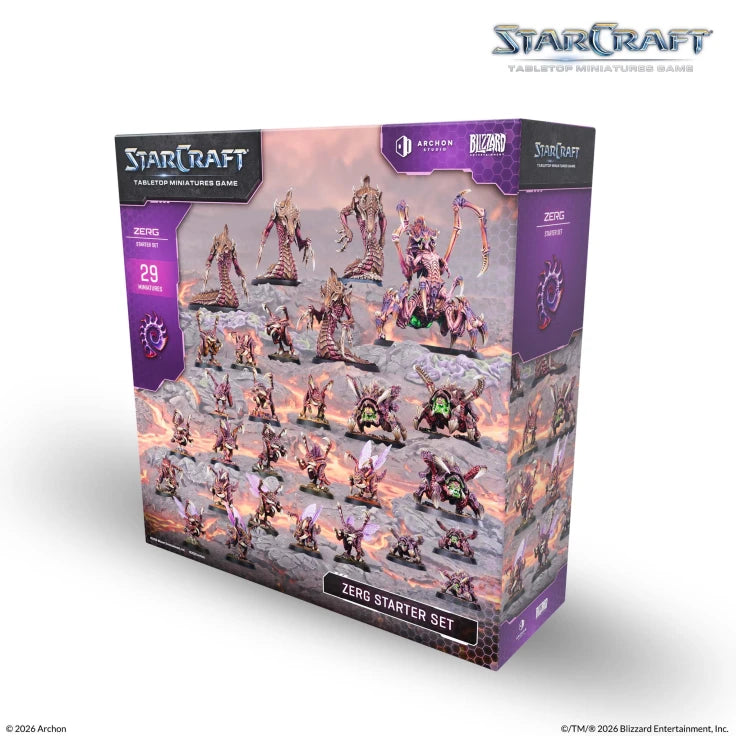 StarCraft TMG: Zerg Starter Set (PREORDER) - StarCraft TMG Zerg Starter Set box with detailed alien creature miniatures in purple and beige tones arranged on a rocky.