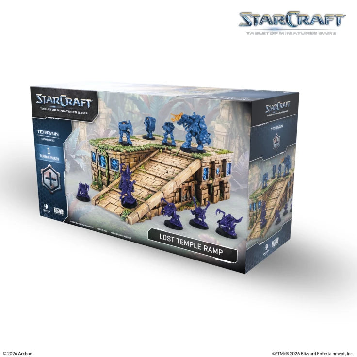 StarCraft TMG: Terrain - Lost Temple Ramp (PREORDER) - Detailed miniature terrain piece of a stone ramp with ancient temple stairs, featuring weathered beige bricks and moss.