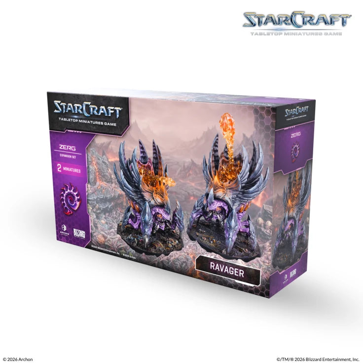 StarCraft TMG: Zerg - Ravager (PREORDER) - Boxed StarCraft TMG Zerg Ravager miniature set with purple and black alien creatures and glowing orange details.