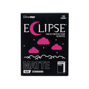 Ultra Pro Eclipse Matte Deck Protectors: Hot Pink - Black box packaging of Ultra Pro Eclipse matte card sleeves with hot pink crescent moon and clouds design, 105 count,.