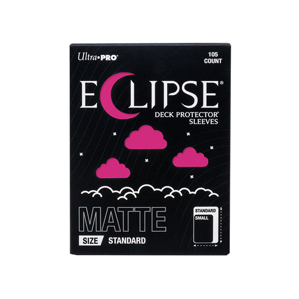 Ultra Pro Eclipse Matte Deck Protectors: Hot Pink - Black box packaging of Ultra Pro Eclipse matte card sleeves with hot pink crescent moon and clouds design, 105 count,.