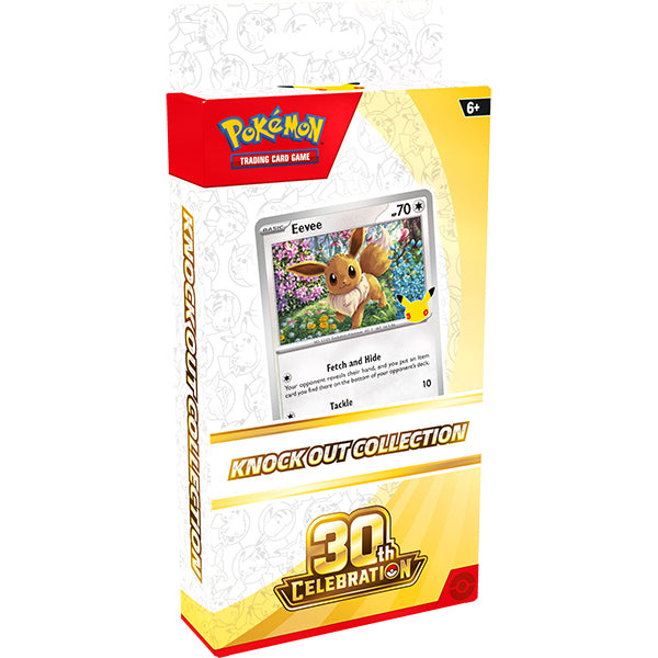Pokémon TCG: 30th Celebration - Knockout Collection (PREORDER) - Pokémon TCG 30th Celebration Knockout Collection box in white and yellow with Eevee card artwork on front.