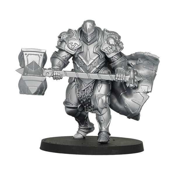 Vallejo True Metallic Metal Airbrush: Sterling Silver (18ml) - Silver metallic painted armored knight miniature holding a large hammer and shield on a round base.