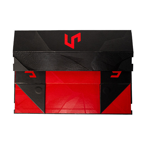 Ultra Pro: Collector Essentials Flat Pack 500+ Storage Box (PREORDER) - Black and red flat pack storage box with angular design and red logo on black lid.