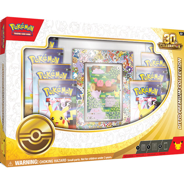 Pokémon TCG: 30th Celebration - Battle Deck - Ditto Premium Collection (PREORDER) - Pokémon TCG 30th Celebration Ditto Battle Deck featuring colorful cards and Pikachu art in a gold-accented white and red box.