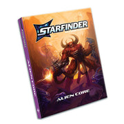 Starfinder 2E: Alien Core - Book cover featuring a fiery sci-fi scene with a red-armored alien holding a glowing weapon on an orange-purple background.