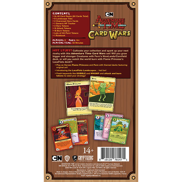 Adventure Time Card Wars: Flame Princess vs. Fern, Collector's Pack (PREORDER) - Flame Princess vs. Fern collector's pack with character cards, game details, and wood-textured background.
