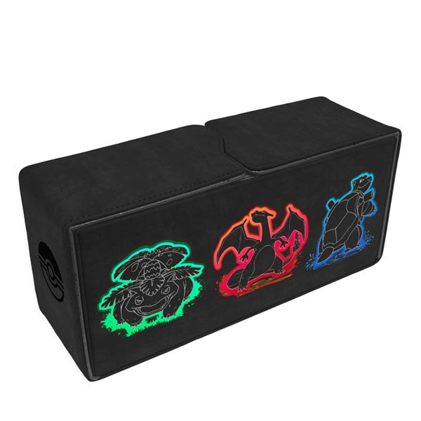 Deckbox: Alcove Vault 275+ Pokemon- Neon Kanto (PREORDER) - Black rectangular deckbox with neon outlines of three Pokemon characters in green, red, and blue on the front panel,.