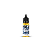 Vallejo True Metallic Metal Airbrush: Radiant Yellow (18ml) - Small plastic bottle of Vallejo True Metallic Metal airbrush paint in radiant yellow with black screw cap and detailed.