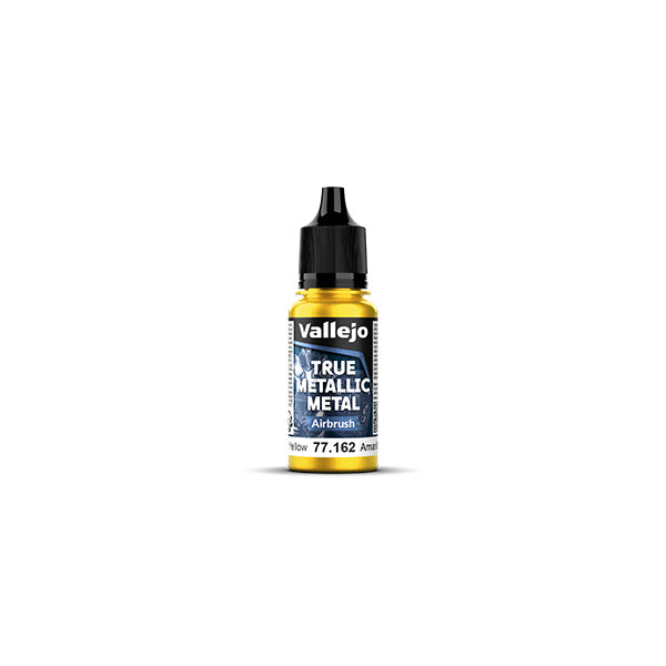 Vallejo True Metallic Metal Airbrush: Radiant Yellow (18ml) - Small plastic bottle of Vallejo True Metallic Metal airbrush paint in radiant yellow with black screw cap and detailed.