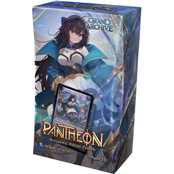 Grand Archive TCG: Radiant Origins Pantheon Deck - Arisanna, Astral Zenith - Blue and gold deck box featuring anime-style character Arisanna in dark armor with glowing accents, labeled Pantheon Radiant
