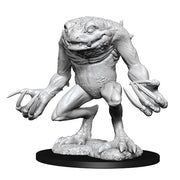 D&D Nolzur's Marvelous Miniatures: Red Slaad - Gray unpainted fantasy miniature of a humanoid frog creature with large claws and detailed textured skin on round base.
