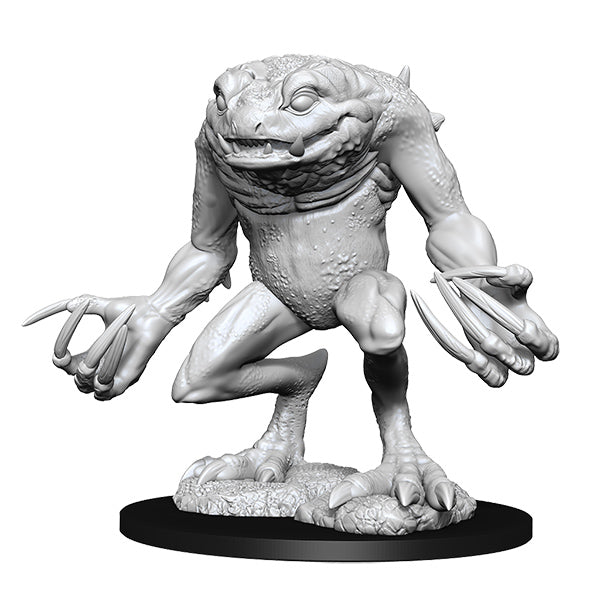 D&D Nolzur's Marvelous Miniatures: Red Slaad - Gray unpainted fantasy miniature of a humanoid frog creature with large claws and detailed textured skin on round base.