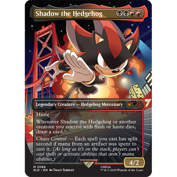 MTG: Secret Lair X Sonic- Friends and Foes, Nonfoil - The Gathering card featuring Shadow the Hedgehog with dark, fiery background and red city bridge, stats 4/2.