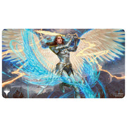 MTG Playmat - Tarkir: Dragonstorm - Elspeth, Storm Slayer - Fantasy playmat featuring armored winged warrior woman wielding glowing sword with blue and gold magical energy on stormy.