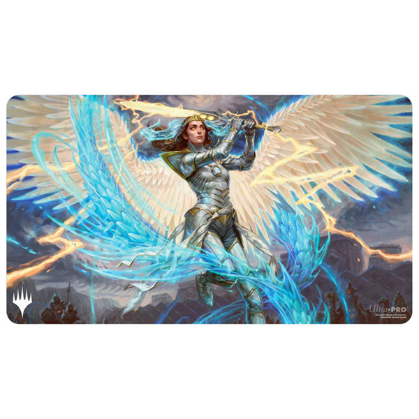 MTG Playmat - Tarkir: Dragonstorm - Elspeth, Storm Slayer - Fantasy playmat featuring armored winged warrior woman wielding glowing sword with blue and gold magical energy on stormy.