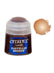 Citadel Layer Paint: Castellax Bronze - Small transparent plastic pot with dark bronze metallic paint labeled Citadel Layer Castellax Bronze with a bronze paint.