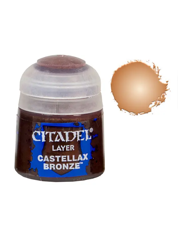 Citadel Layer Paint: Castellax Bronze - Small transparent plastic pot with dark bronze metallic paint labeled Citadel Layer Castellax Bronze with a bronze paint.