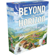 Beyond the Horizon - Beyond the Horizon board game box showcasing a colorful landscape with green hills, a river, and distant cityscape under a.