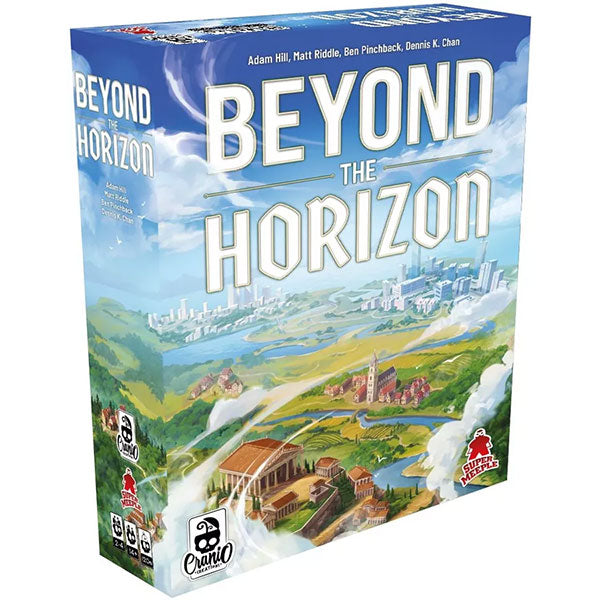 Beyond the Horizon - Beyond the Horizon board game box showcasing a colorful landscape with green hills, a river, and distant cityscape under a.