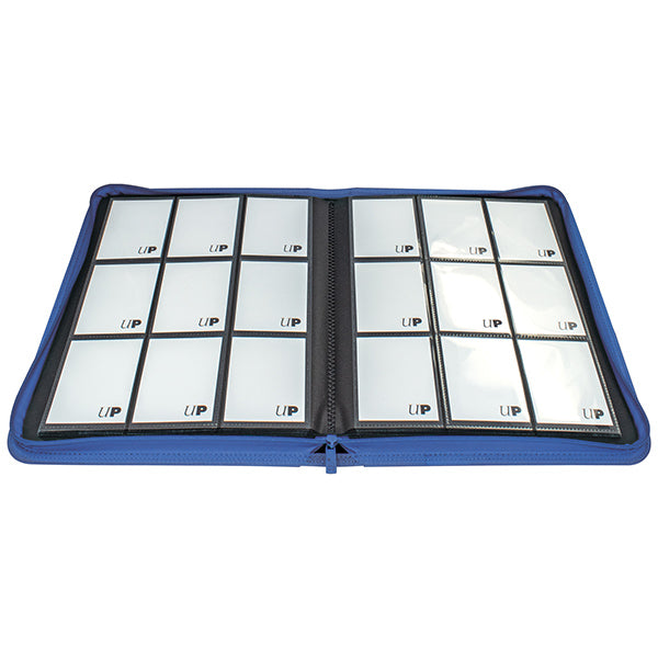 Ultra Pro 9-Pocket Zippered Binder: Vivid - Blue (PREORDER) - Blue zippered card binder open to show 18 clear 9-pocket pages for card storage.