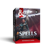 D&D 5e Reference Cards - Spells Levels 2-3 (PREORDER) - Box of Dungeons & Dragons spell reference cards for levels 2-3, featuring fantasy artwork on a dark red background.