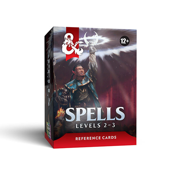 D&D 5e Reference Cards - Spells Levels 2-3 (PREORDER) - Box of Dungeons & Dragons spell reference cards for levels 2-3, featuring fantasy artwork on a dark red background.