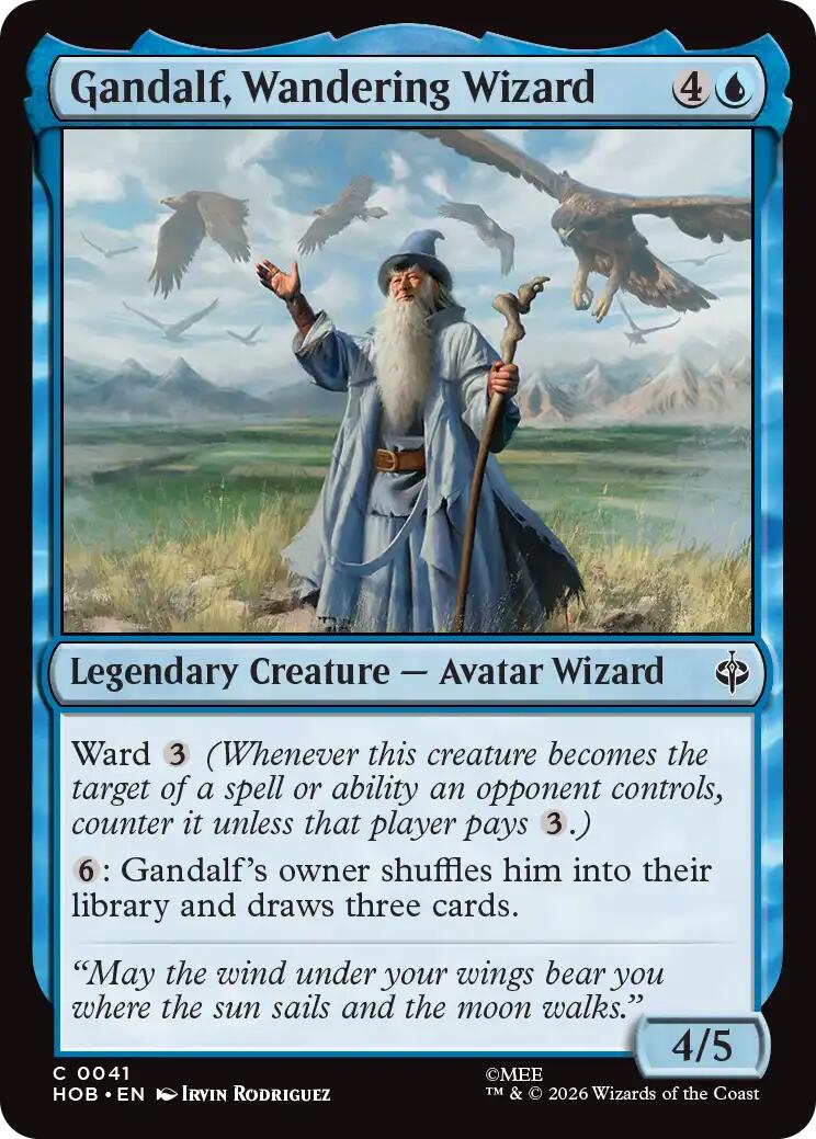 The Hobbit #41 Gandalf, Wandering Wizard - The Gathering card featuring Gandalf the wizard holding a staff in a cloudy, mountainous landscape with flying creatures in.