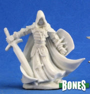 Sir Conlan, Human Paladin - White unpainted resin miniature of a hooded paladin with flowing cloak, holding a broad sword and shield.