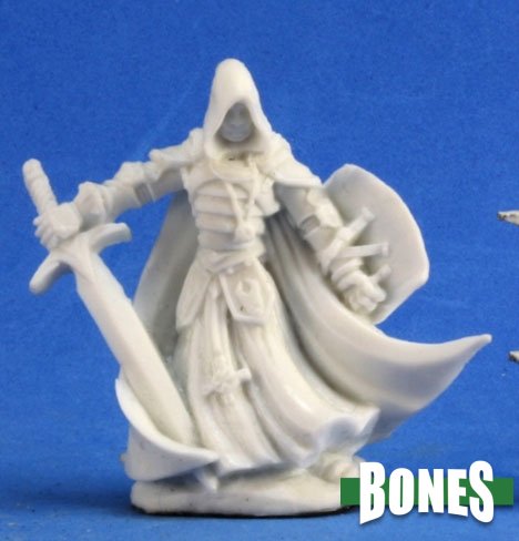 Sir Conlan, Human Paladin - White unpainted resin miniature of a hooded paladin with flowing cloak, holding a broad sword and shield.