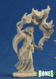 Aaron the Conjuror - White fantasy wizard figurine holding a flaming magical staff with flowing robes and long hair.