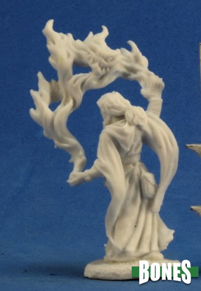 Aaron the Conjuror - White resin fantasy miniature of a cloaked conjurer casting a spell with swirling magical flames.