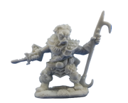 Derro Leader - Gray unpainted miniature of a battle-ready goblin warrior holding a spear and sword, wearing rugged armor and a skull helmet.