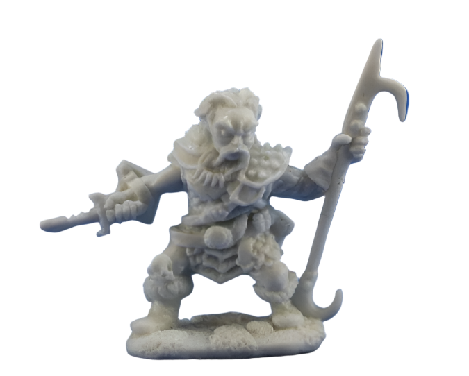Derro Leader - Gray unpainted miniature of a battle-ready goblin warrior holding a spear and sword, wearing rugged armor and a skull helmet.