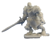 Barrow Warden 1 - Unpainted miniature of armored warrior holding a longsword with a bulky, detailed armor design.
