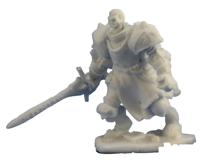 Barrow Warden 1 - Unpainted miniature of armored warrior holding a longsword with a bulky, detailed armor design.