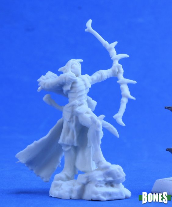 Arathanel, Elf Ranger - Unpainted white resin elf ranger miniature with cloak, pointed ears, and bow drawn ready to shoot.